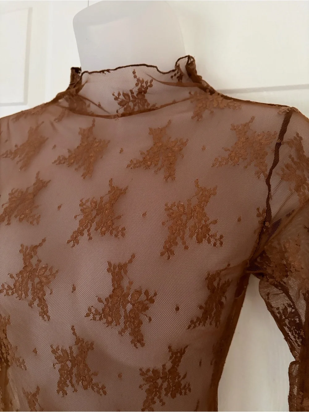 Free People Lady Lux Layering Top Lace Long Sleeve Top Brown size Small
